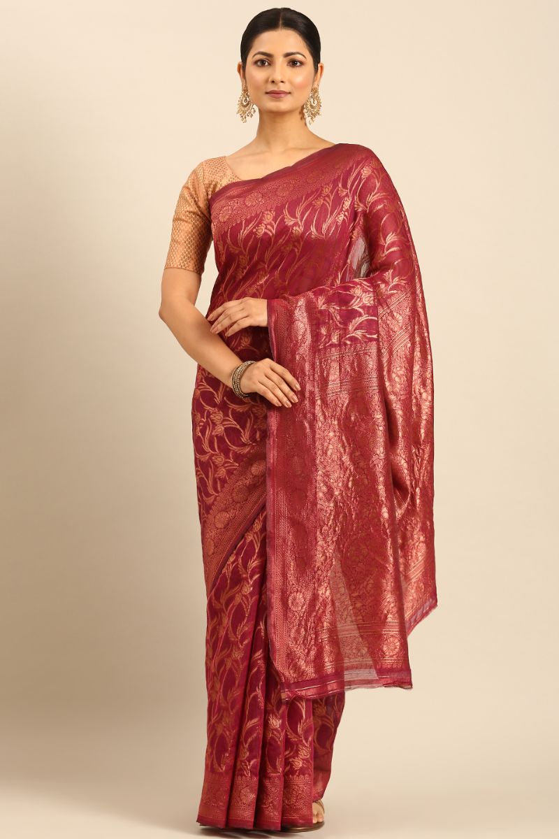 Magenta Red Jacquard Work Cotton Saree