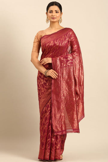 Magenta Red Cotton Jacquard Work Saree