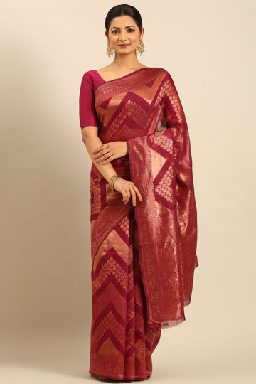 Magenta Red Cotton Jacquard Work Saree