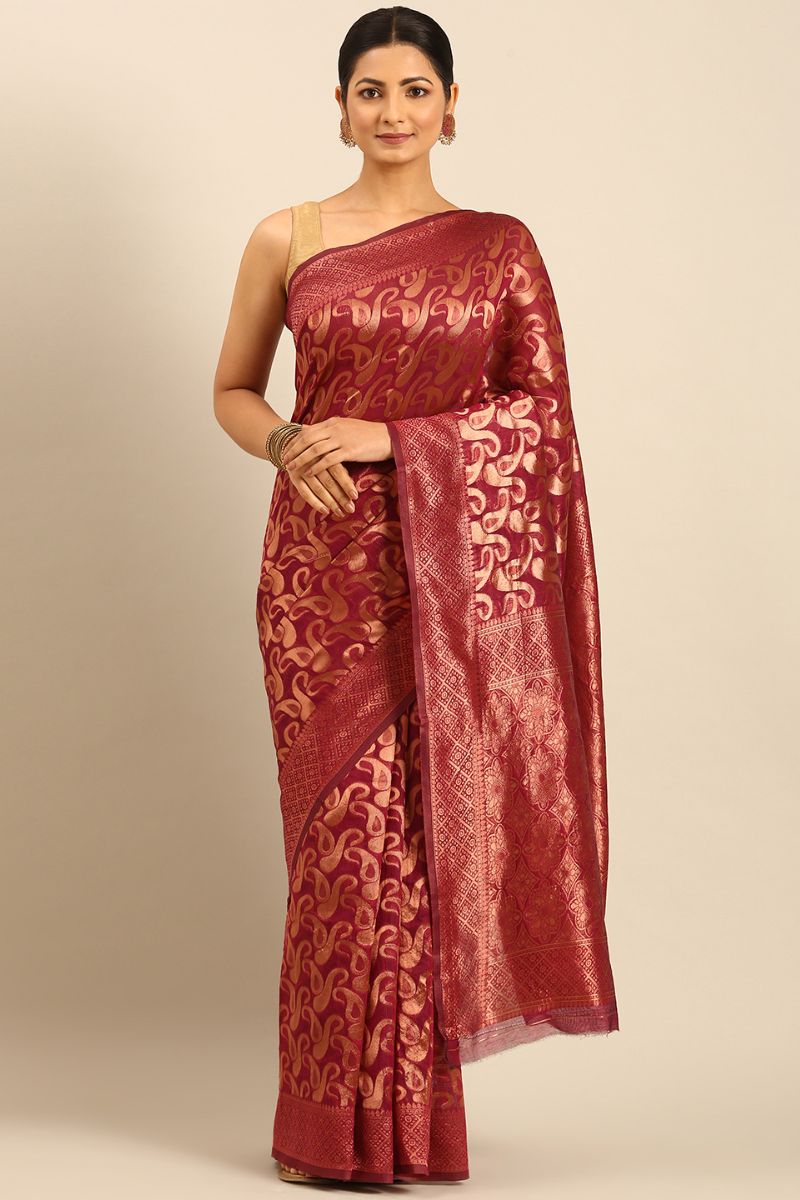 Magenta Red Jacquard Work Cotton Saree