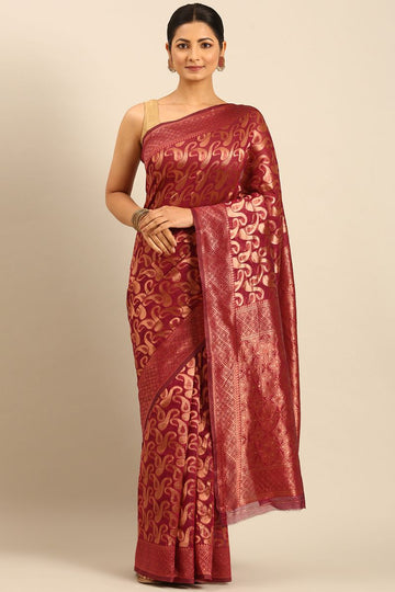 Magenta Red Cotton Jacquard Work Saree