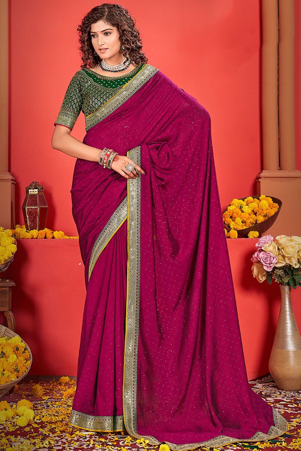 Magenta Silk Saree with Embroidered Border