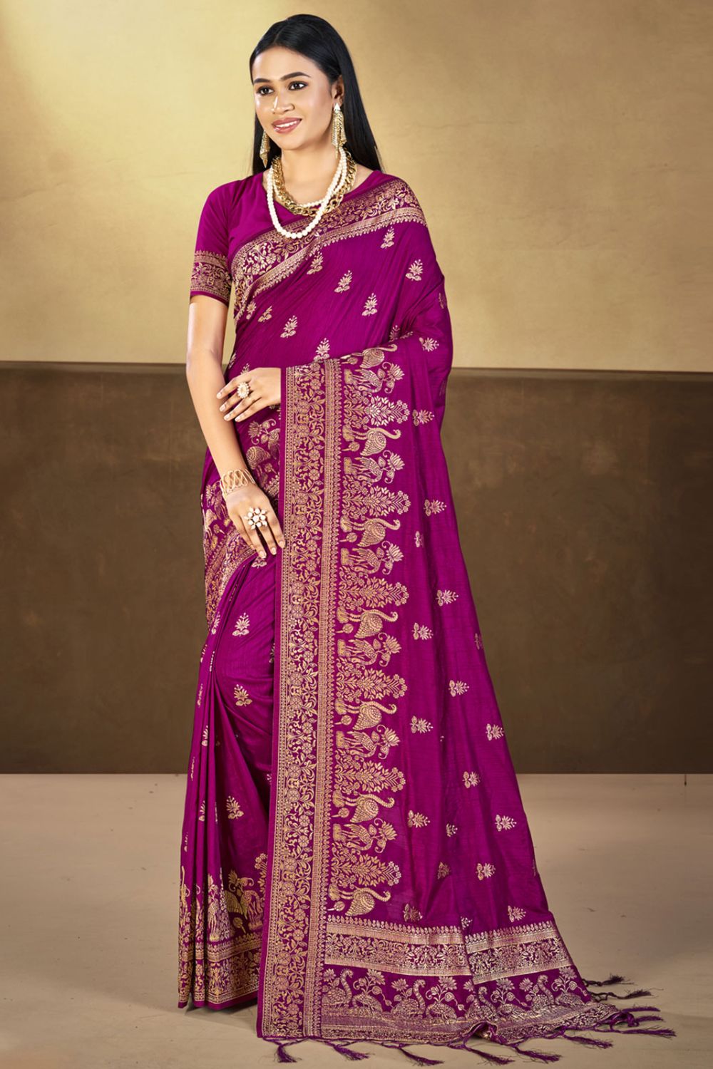 Magenta Silk Woven Work Saree