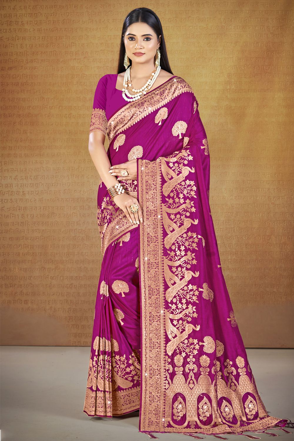 Magenta Silk Woven Work Saree