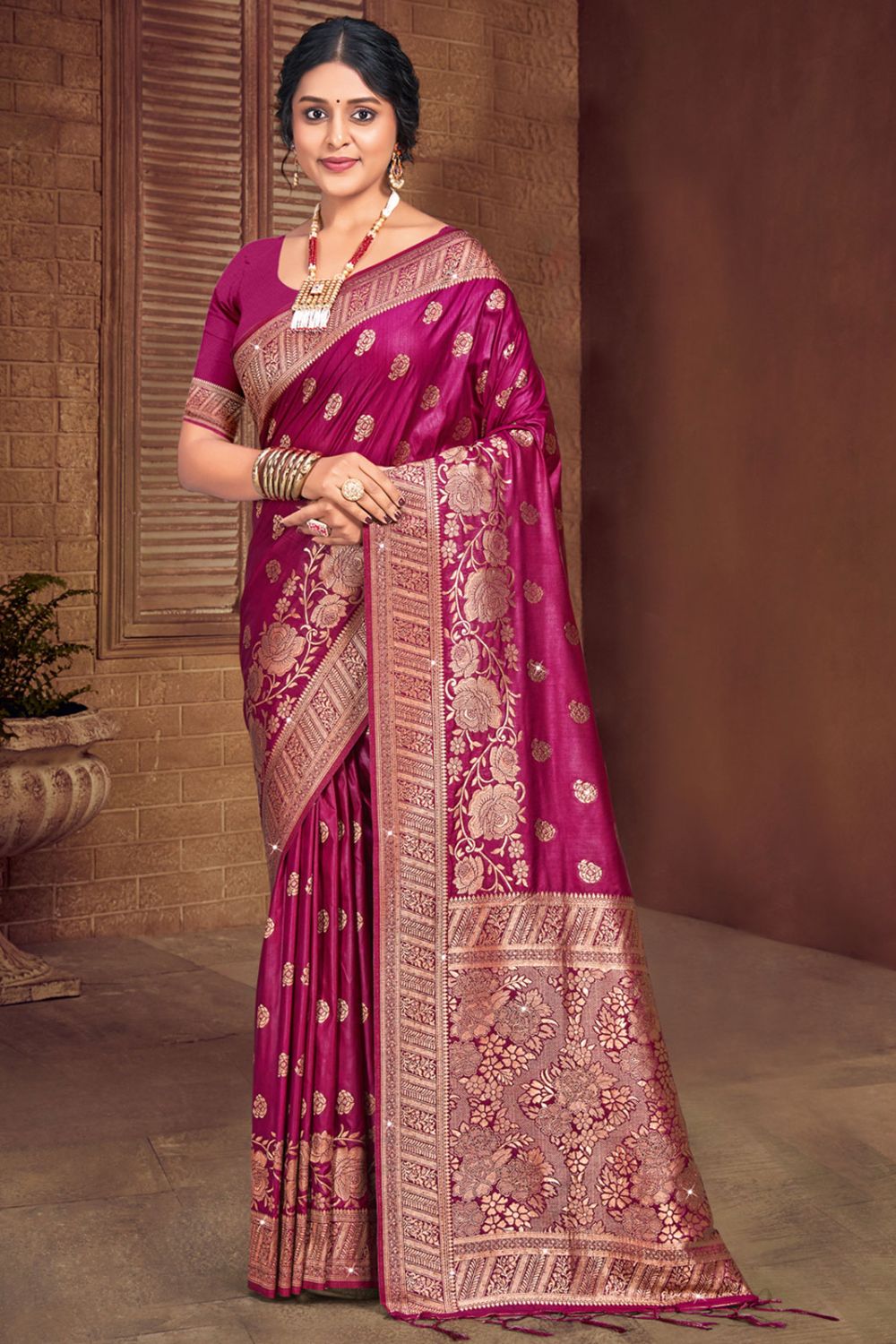 Magenta Silk Woven Work Saree