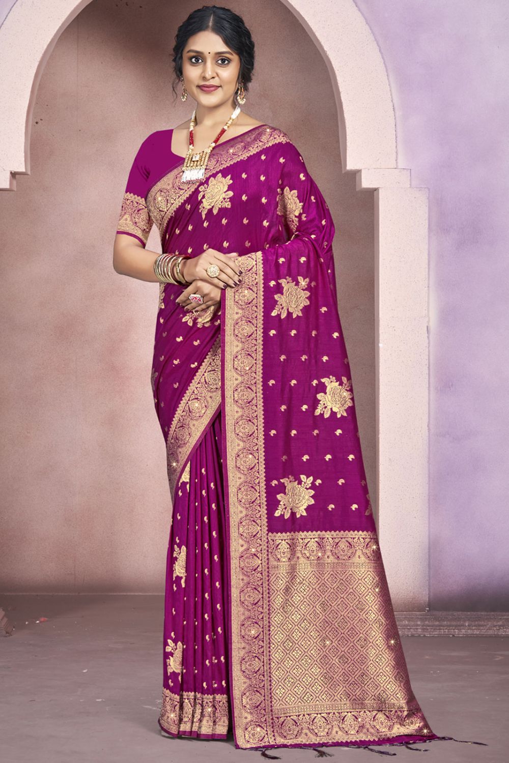 Magenta Silk Woven Work Saree