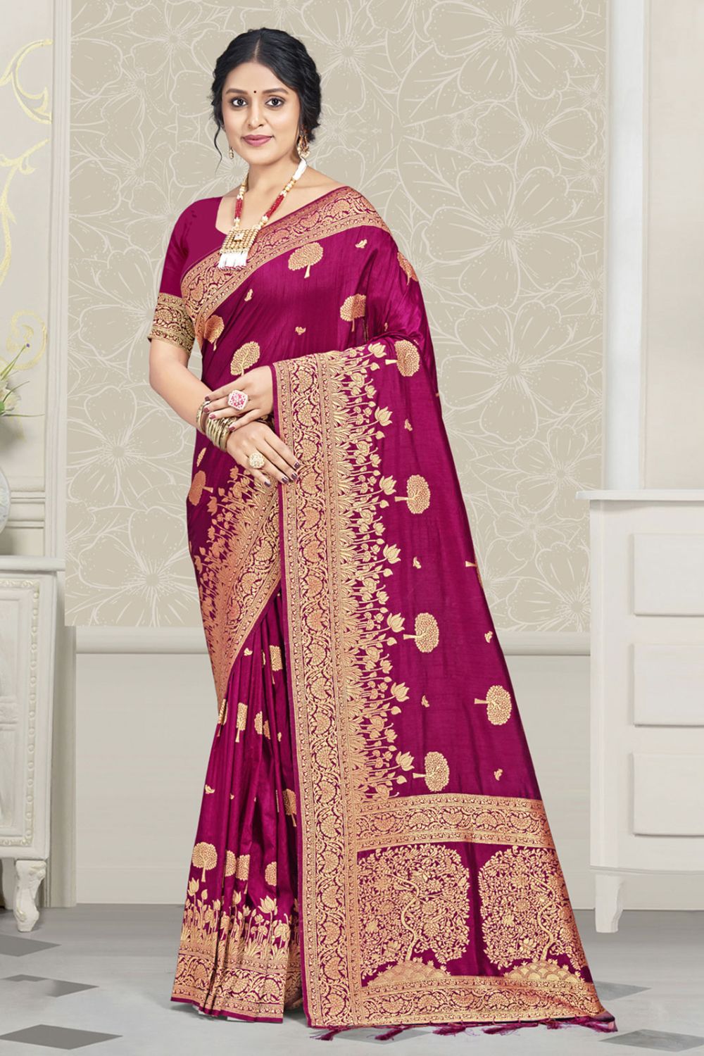 Magenta Silk Woven Work Saree