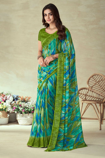 Mahendi Green Chiffon Printed Casual Wear Saree