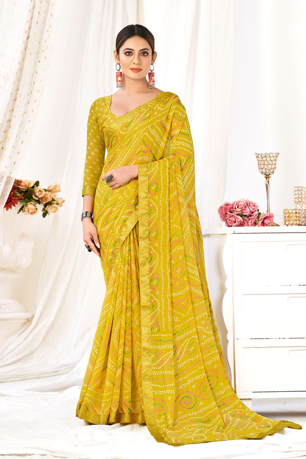 Maize Yellow Chiffon Printed Casual Wear Saree