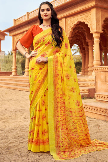 Maize Yellow Digital Printed Chiffon Casual Wear Saree