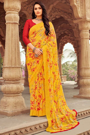 Maize Yellow Floral Printed Chiffon Casual Wear Saree