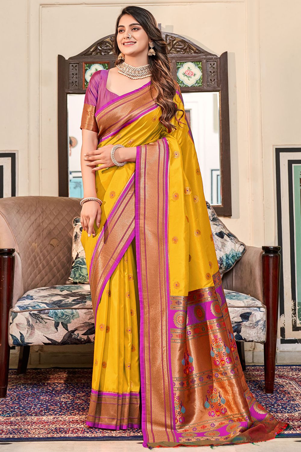 Maize Yellow Peshwai Paithani Silk Saree