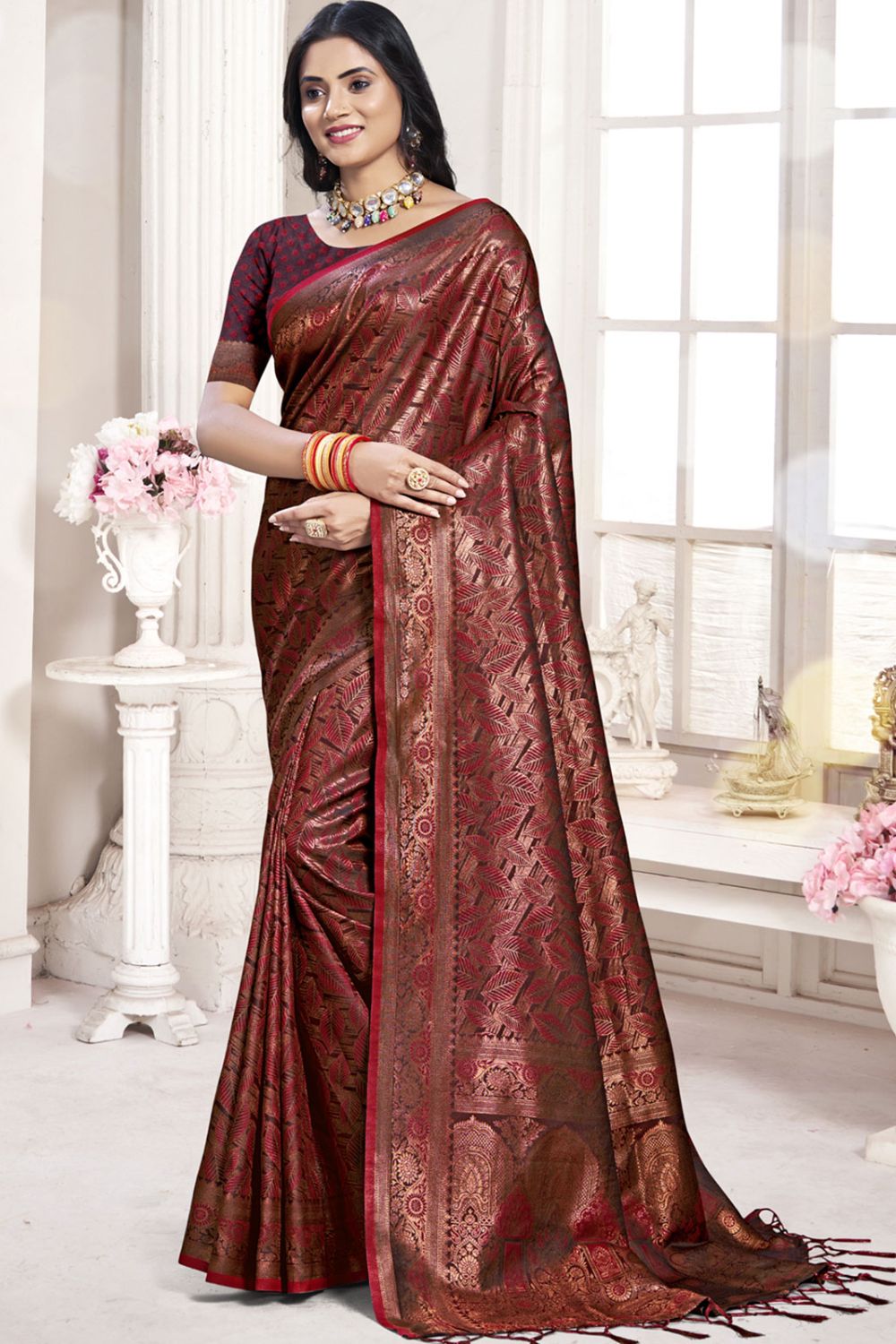 Maroon Banarasi Silk Zari Woven Saree