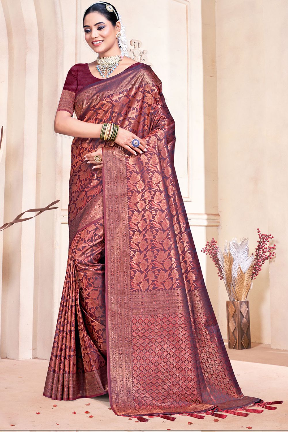 Maroon Banarasi Silk Zari Woven Saree