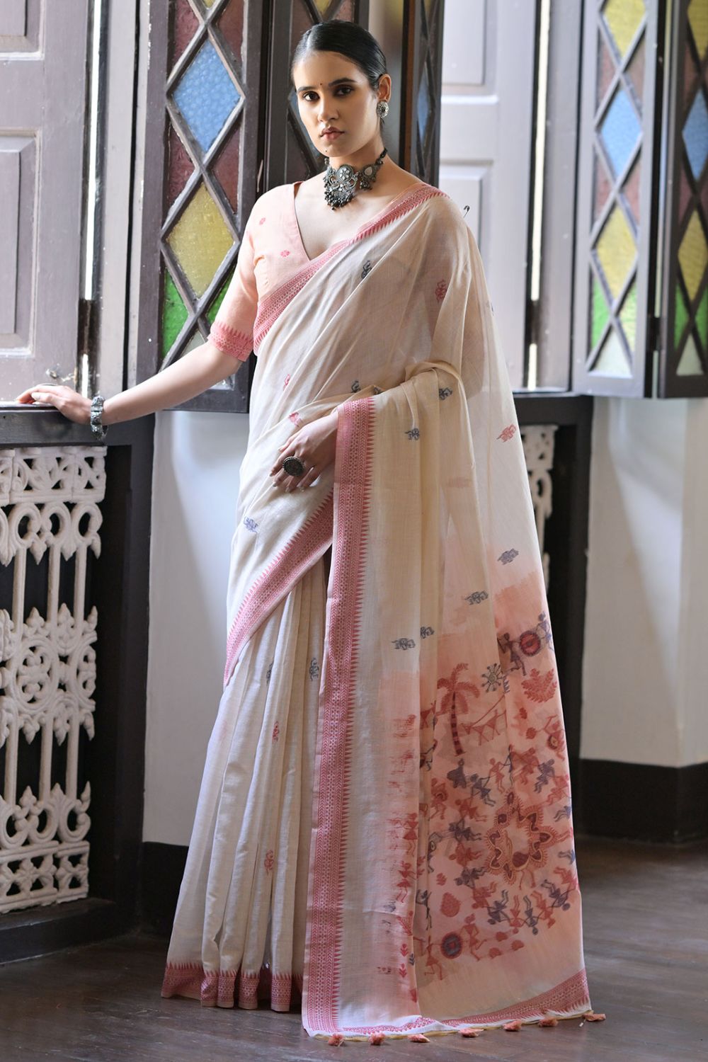 Ivory Cotton Ikkat Woven Party Wear Saree