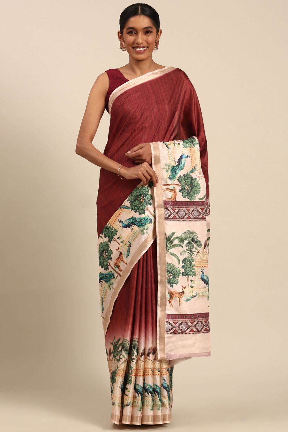 Maroon Printed Cotton Saree