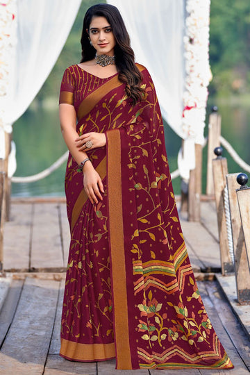 Maroon Printed Casual Wear Chiffon Saree