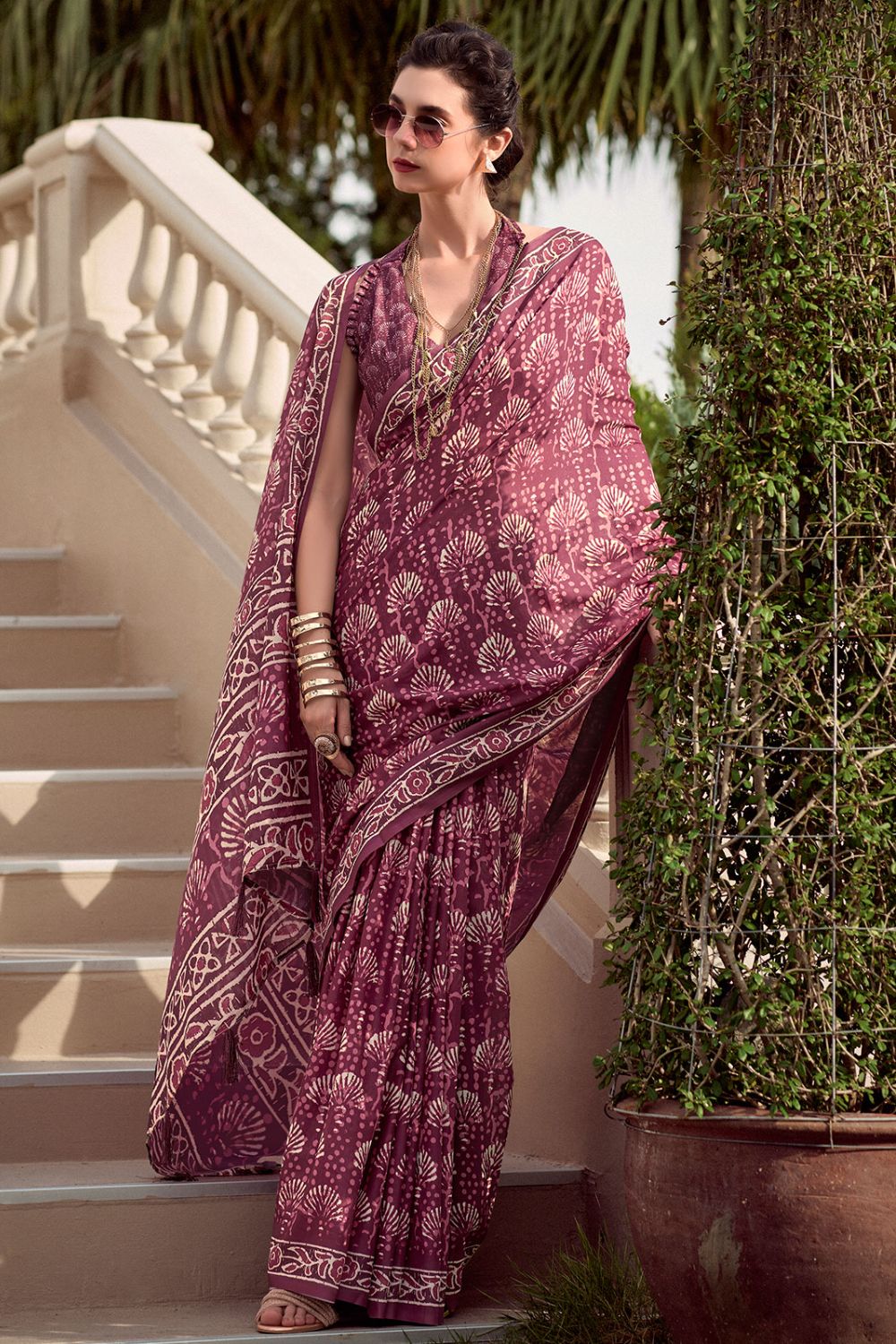 Maroon Pure Mal Mal Silk Printed Saree