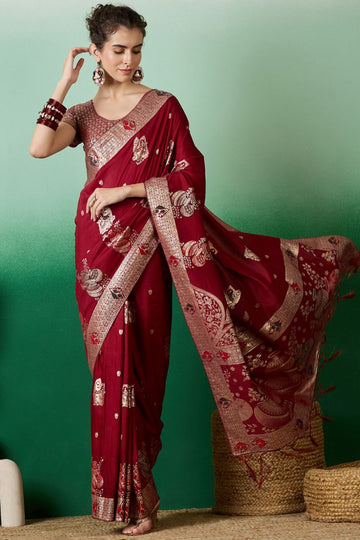 Maroon Dola Jacquard Zari Woven Saree for Party