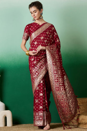 Maroon Dola Jacquard Zari Woven Saree for Party