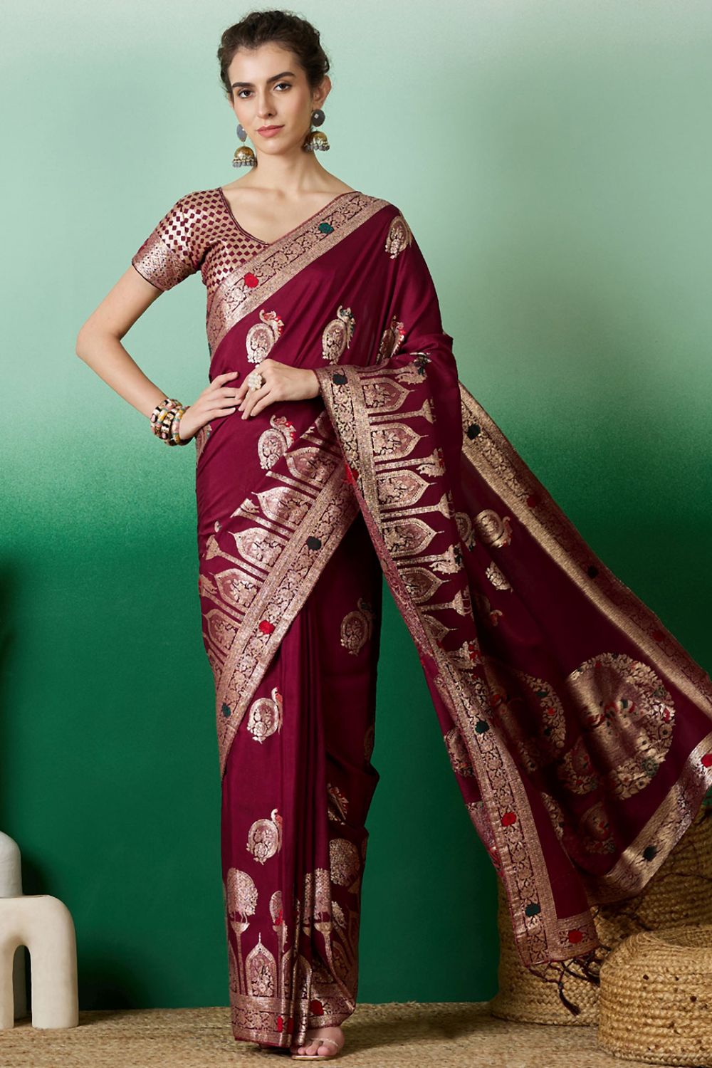 Maroon Dola Jacquard Zari Woven Saree for Party