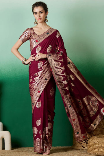 Maroon Dola Jacquard Zari Woven Saree for Party