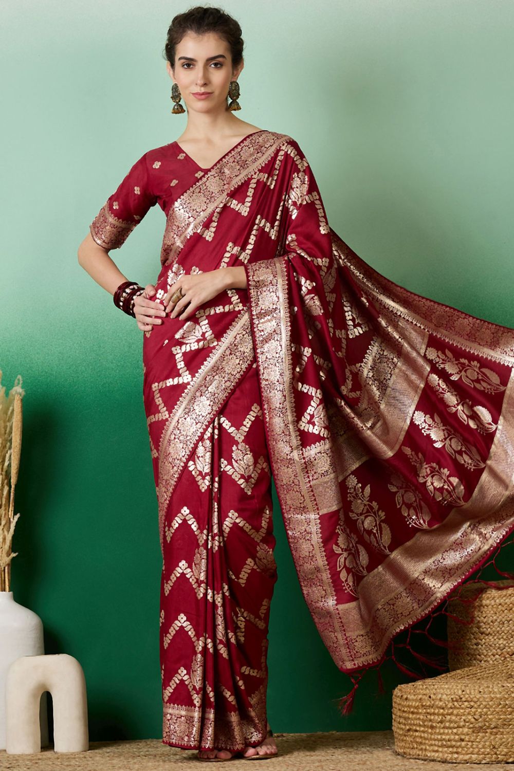 Maroon Dola Jacquard Zari Woven Saree for Party