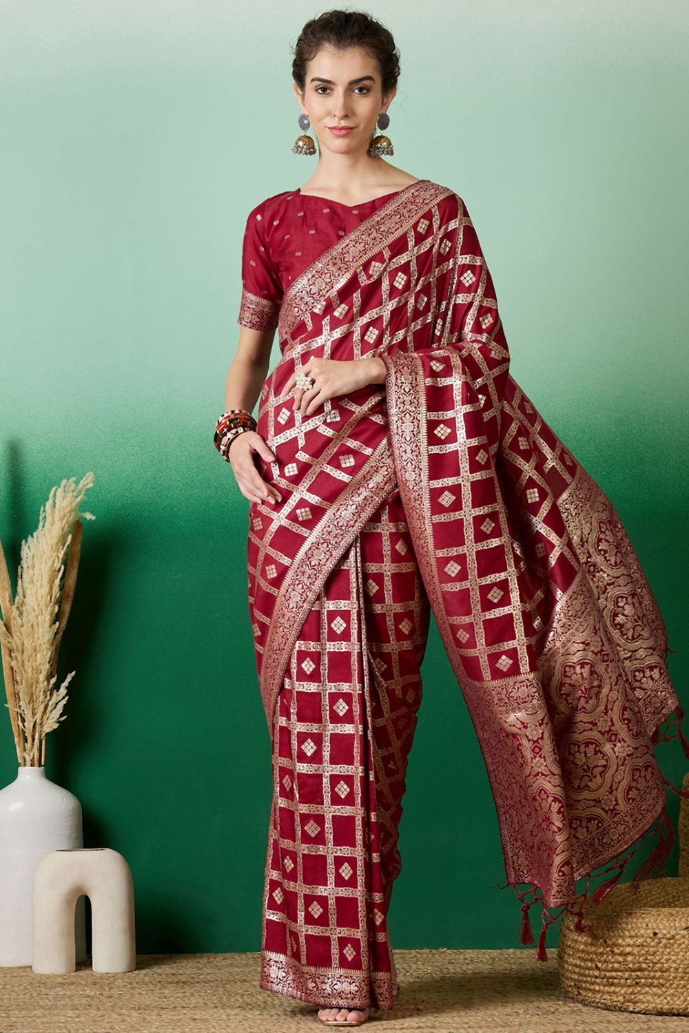 Maroon Dola Jacquard Zari Woven Saree for Party