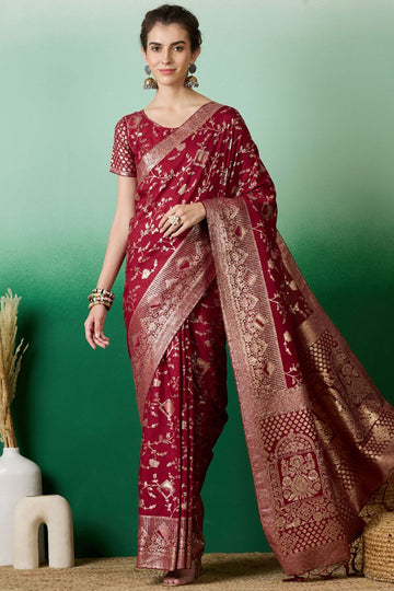 Maroon Dola Jacquard Zari Woven Saree for Party