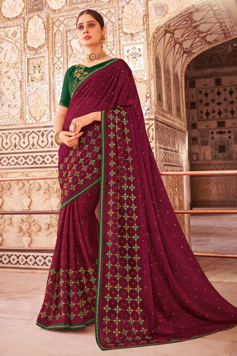 Maroon Chiffon Saree with Embroidery Work