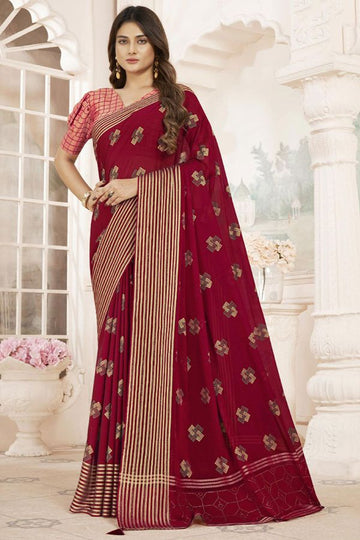 Maroon Chiffon Saree with Foil Print