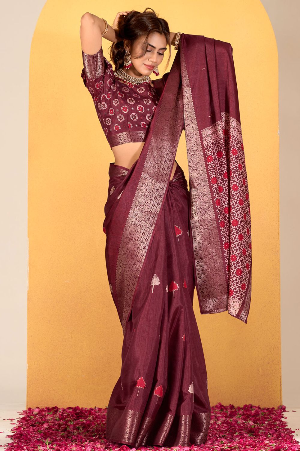 Maroon Dola Silk Saree for Festival