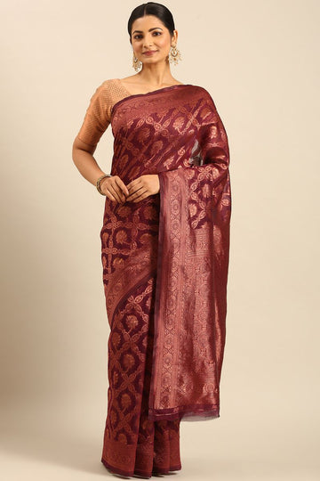 Maroon Cotton Jacquard Work Saree