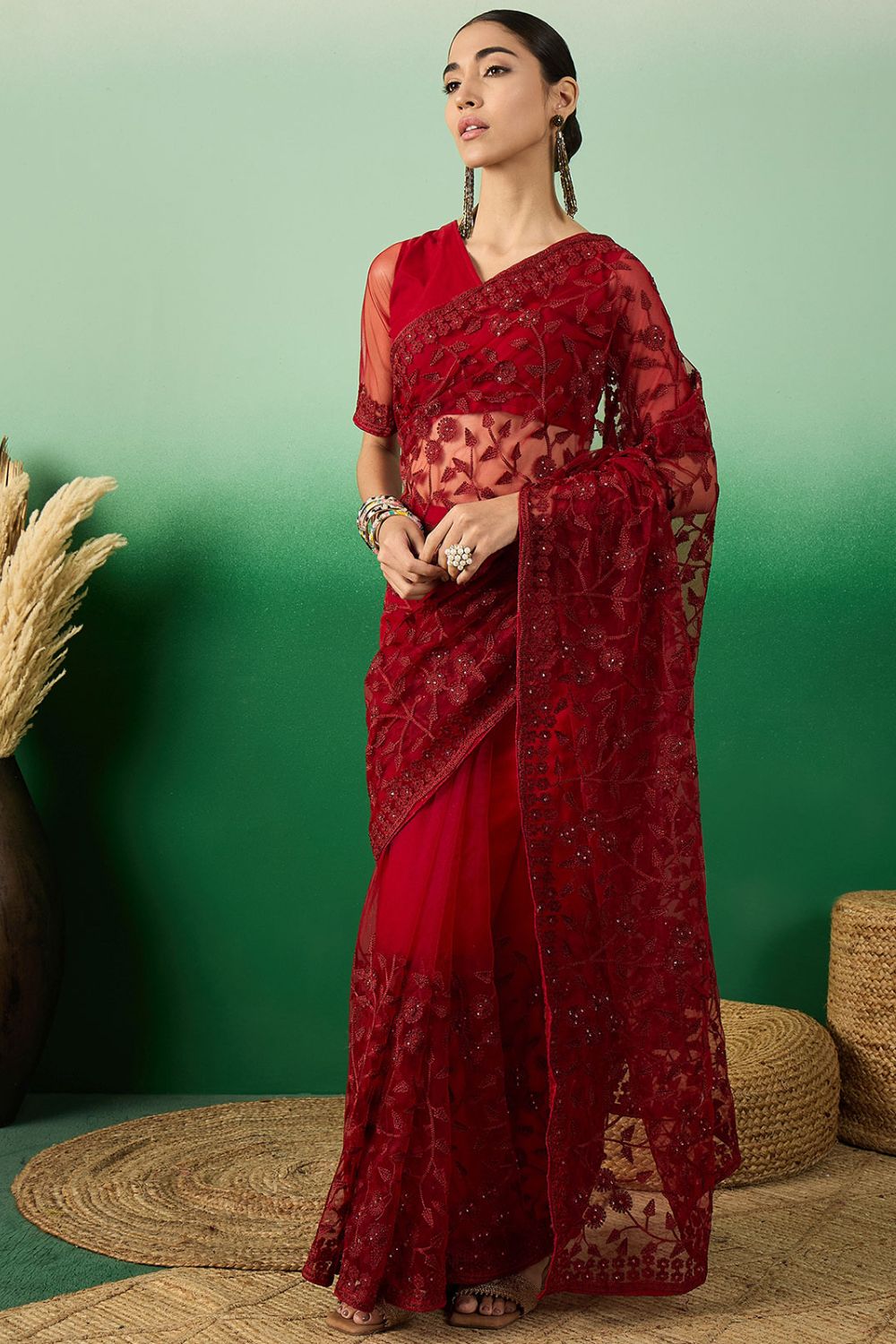 Maroon Net Embroidered Saree for Party