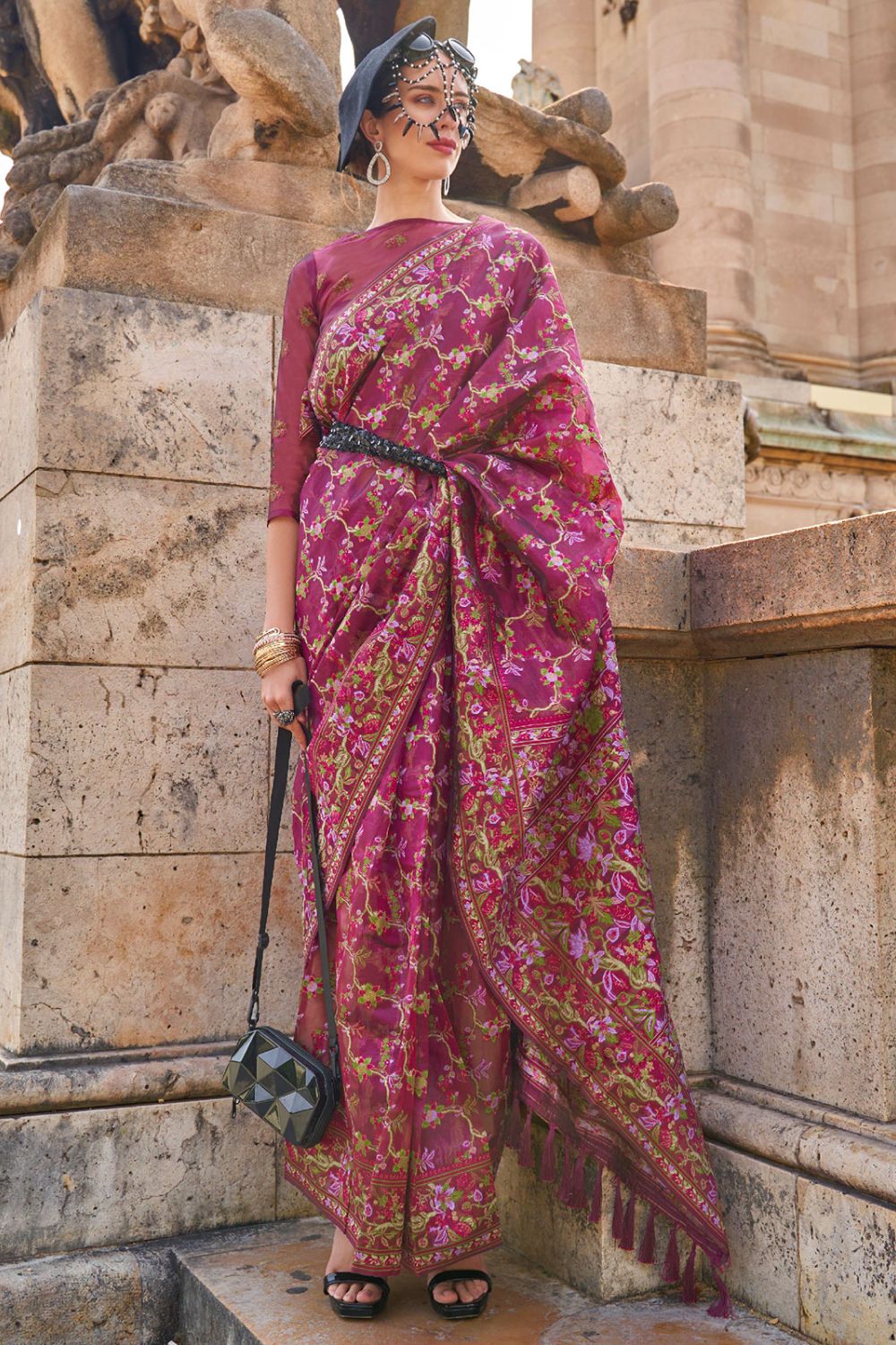 Maroon Organza Parsi Handloom Weaving Party Wear Saree