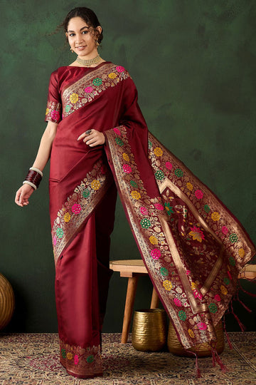 Maroon Poly Silk Woven Party Wear Saree