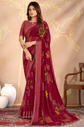 Maroon Printed Georgette Casual Wear Saree