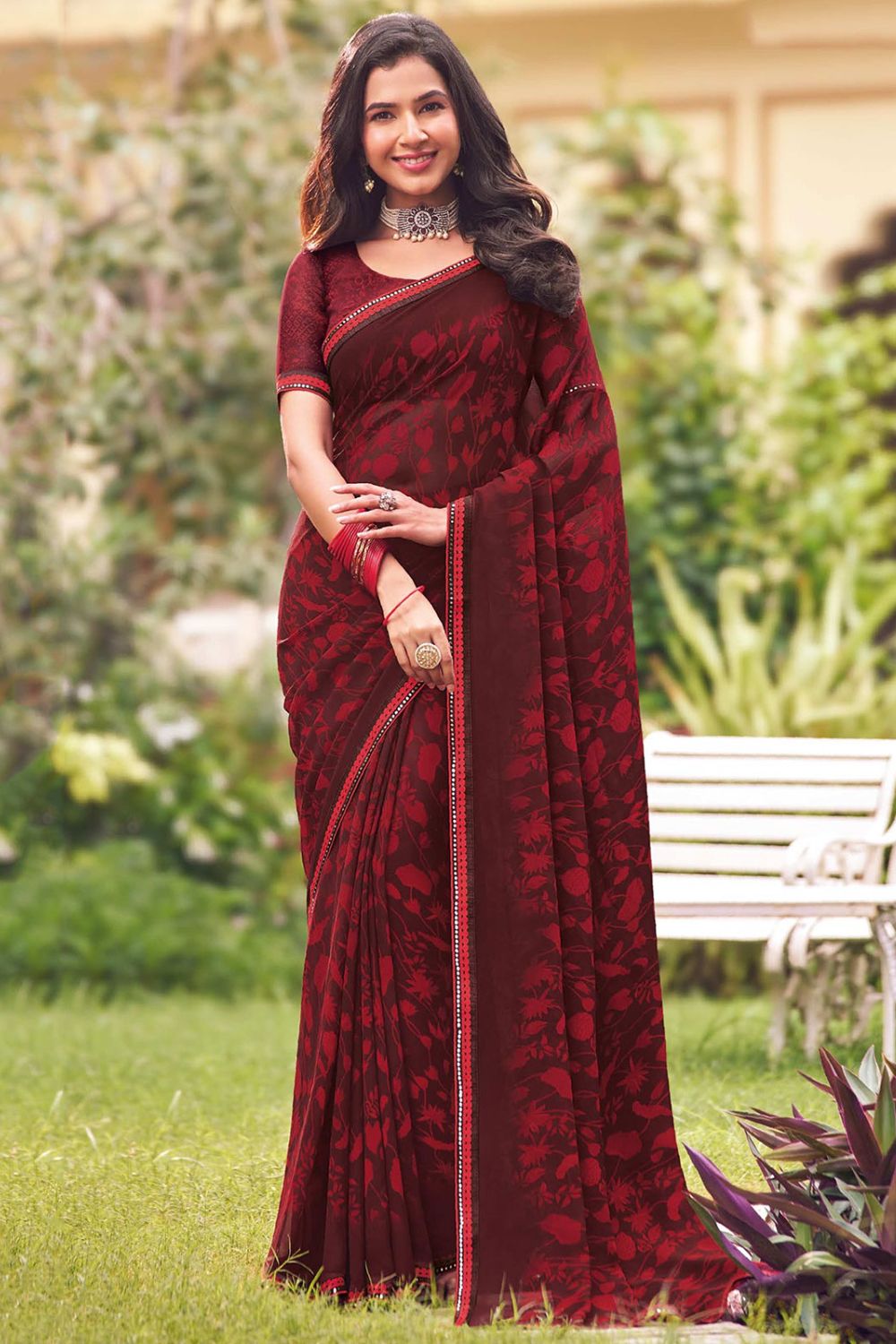 Maroon Printed Georgette Casual Wear Saree