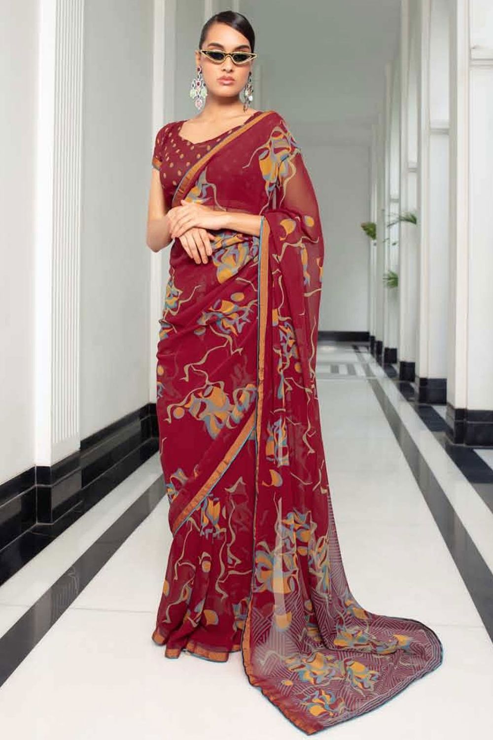 Maroon Printed Georgette Casual Wear Saree