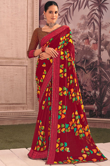 Maroon Printed Georgette Casual Wear Saree