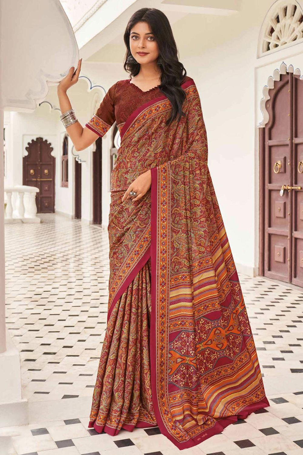 Maroon Crepe Casual Wear Saree