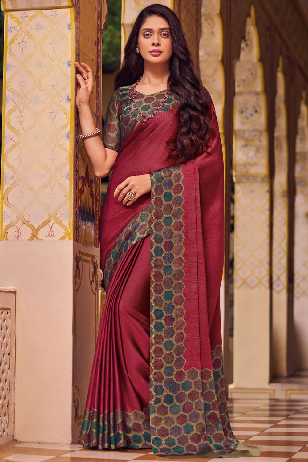 Maroon Printed Chiffon Saree