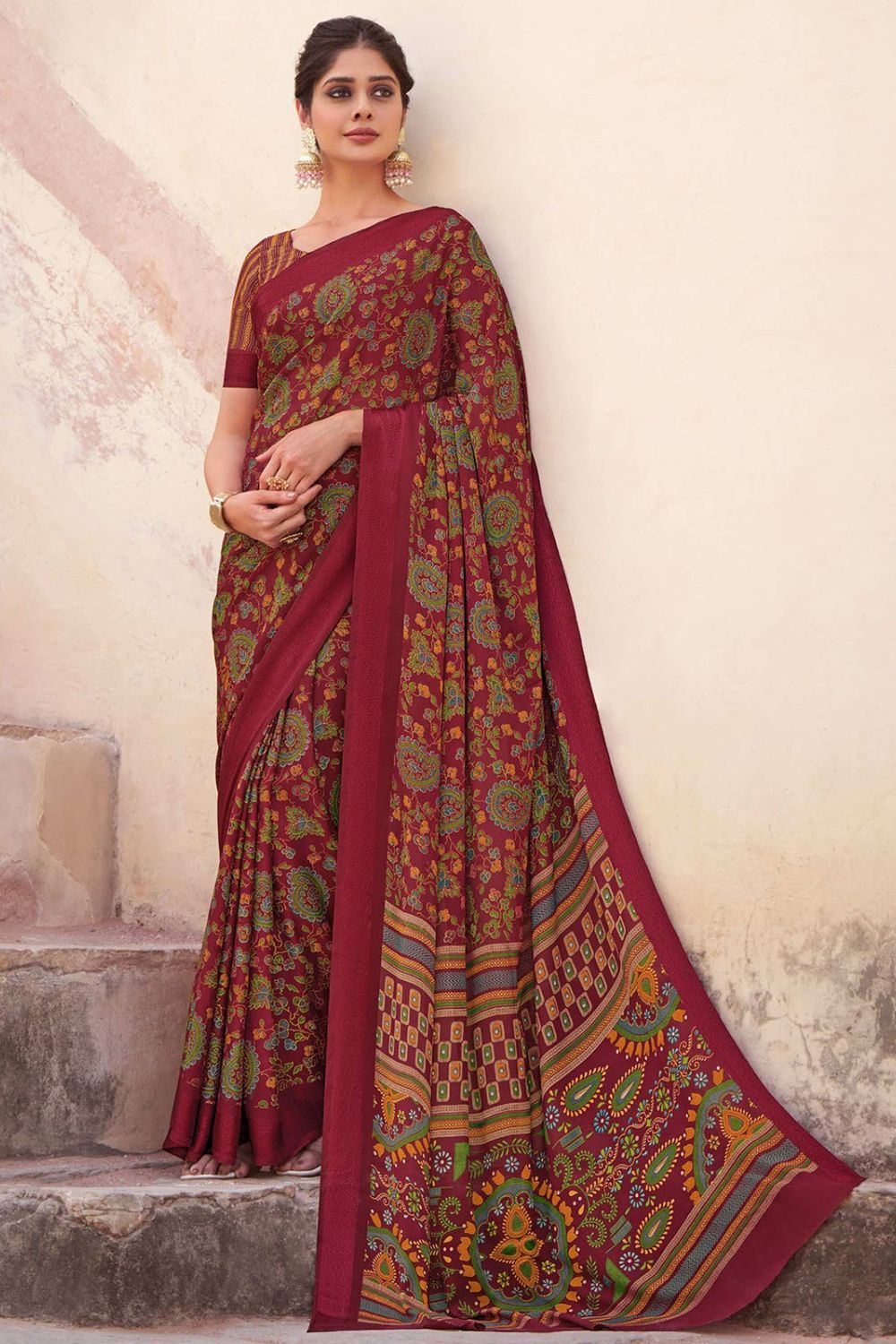 Maroon Printed Crepe Satin Saree for Festival