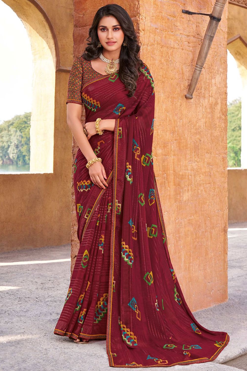 Maroon Printed Georgette Casual Saree