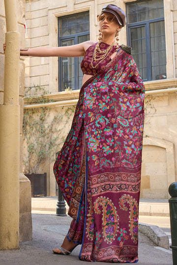 Maroon Printed Pure Satin Georgette Party Wear Saree