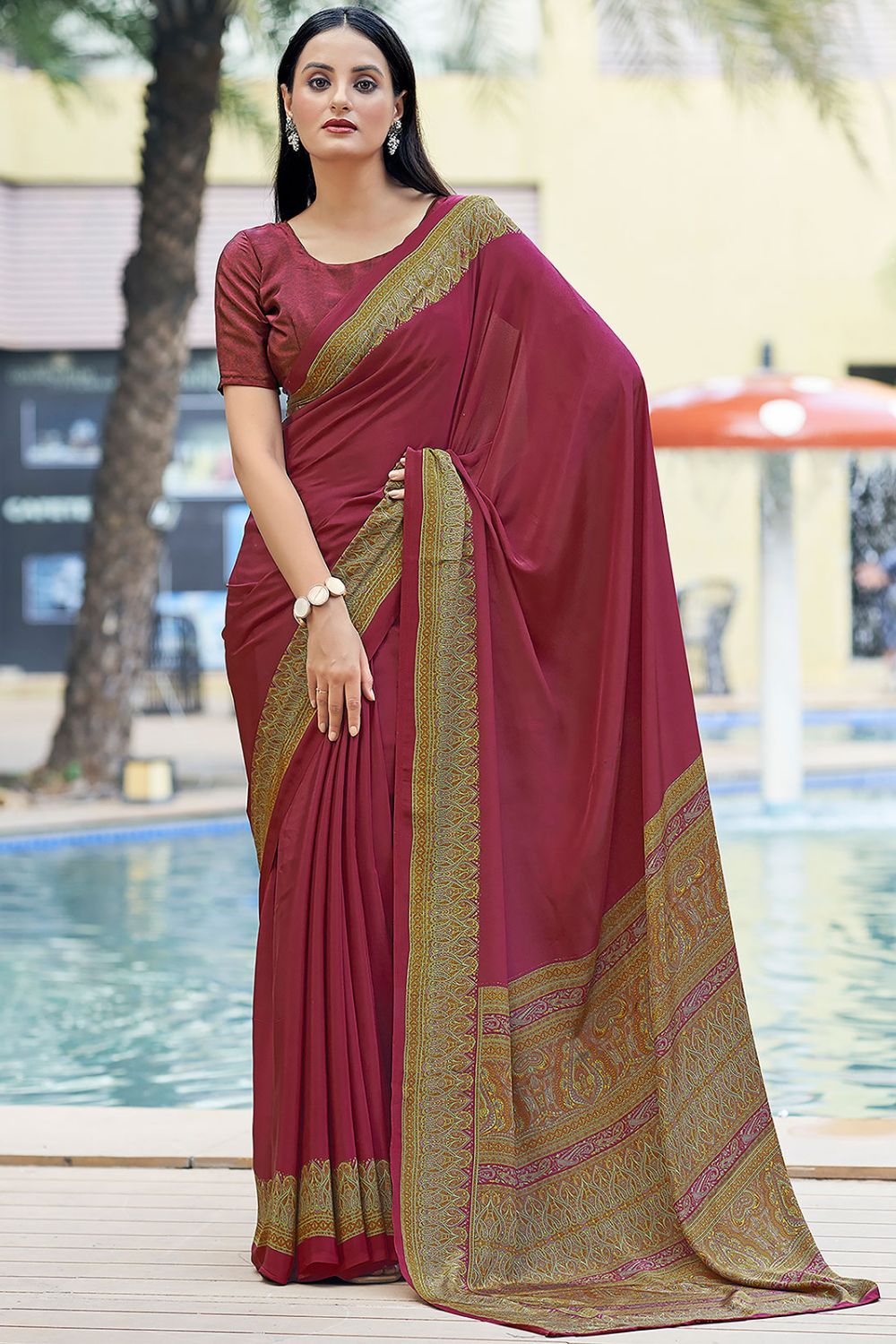 Maroon Printed Silk Crepe Saree for Party