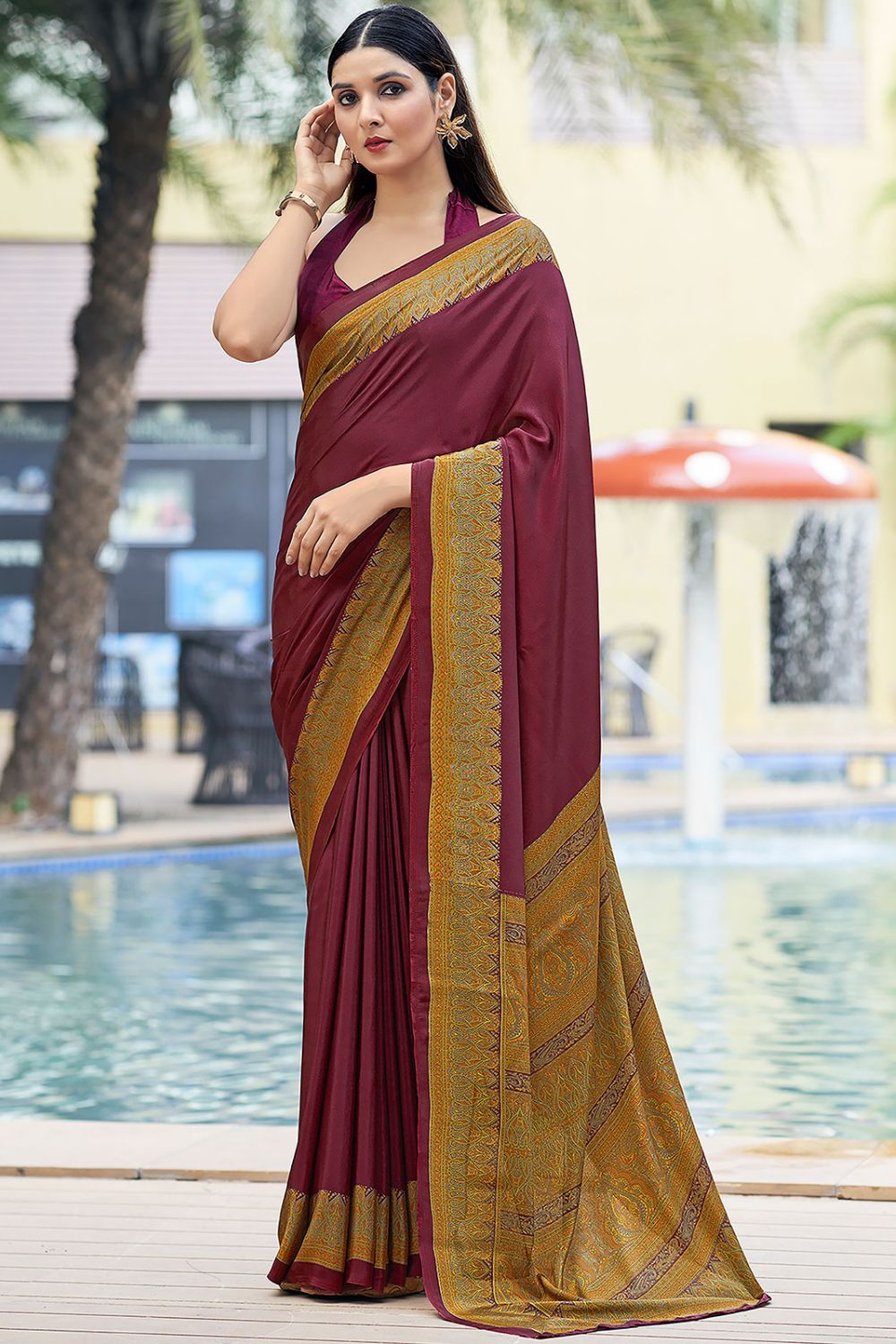 Maroon Printed Silk Crepe Saree for Party