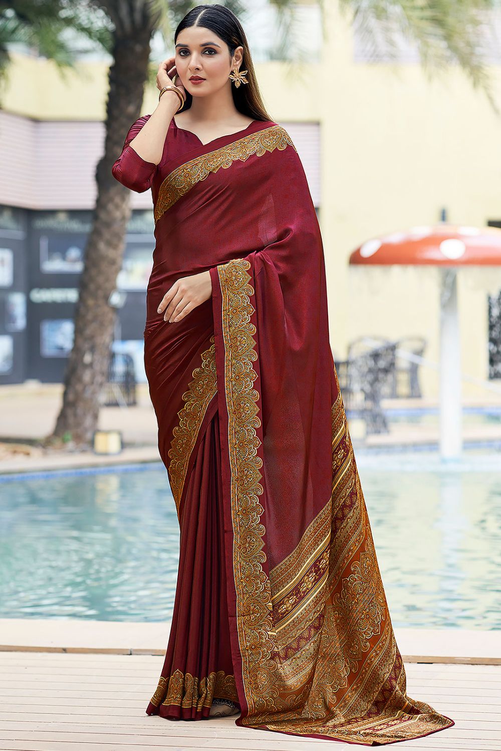 Maroon Printed Silk Crepe Saree for Party