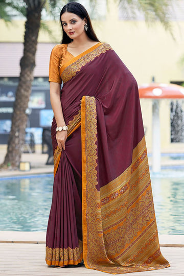 Maroon Printed Silk Crepe Saree for Party