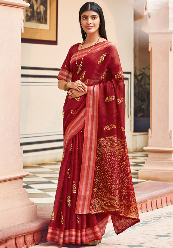 Maroon Chanderi Printed Saree for Festival